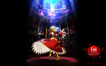 1girl aestus_estus ahoge ass ass_cutout ass_focus backless_dress backless_outfit blonde_hair bow braid breasts butt_crack clothing_cutout dress english_text epaulettes fate/extella fate/extella_link fate/extra fate/extra_ccc fate/extra_last_encore fate_(series) female_focus from_behind from_side full_body gold_shoes green_eyes hair_bow hair_bun hair_ribbon highres holding holding_sword holding_weapon large_breasts long_hair long_skirt long_sleeves looking_at_viewer looking_back nero_claudius_(fate) nero_claudius_(fate/extra) no_bra open_mouth panties puffy_long_sleeves puffy_sleeves red_bow red_dress red_ribbon red_skirt red_sword ribbon scan see-through_clothes see-through_skirt see-through_sleeves sexually_suggestive shoes single_hair_bun skirt solo standing sword takiyama_masaaki type-moon underwear weapon white_panties