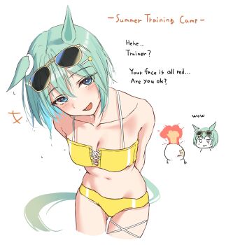 1boy 1girl absurdres animal_ears arms_behind_back bare_shoulders bikini blue_eyes blush collarbone commentary ear_scrunchie english_text eyewear_on_head grey_hair hair_between_eyes hair_ornament hairclip highres horse_ears horse_girl horse_tail kimchi_(user_mpzz8457) navel open_mouth seiun_sky_(umamusume) short_hair smile stomach sunglasses swimsuit t-head_trainer_(umamusume) tail trainer_(umamusume) umamusume yellow_bikini