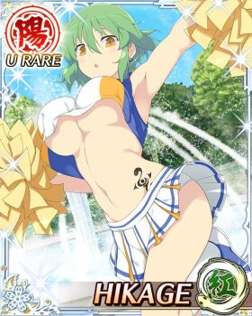 Rule 34 | 1girl, :o, arm up, border, breasts, card (medium), character name, cheering, cheerleader, crop top, day, earrings, fountain, game cg, green hair, groin, hikage (senran kagura), hip tattoo, holding, holding pom poms, jewelry, large breasts, medium hair, midriff, navel, official art, outdoors, panties, pleated skirt, pom pom (cheerleading), pom poms, senran kagura, senran kagura new wave, skindentation, skirt, slit pupils, snake tattoo, solo, standing, standing on one leg, tattoo, third-party source, tree, underboob, underwear, white panties, white skirt, yellow eyes