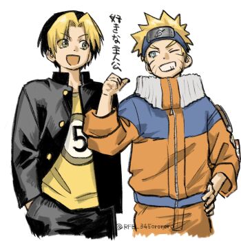 Rule 34 | 2boys, black hair, black jacket, black pants, blonde hair, blue eyes, blue headband, commentary request, company connection, facial mark, gakuran, gold buttons, green eyes, grin, hand in pocket, hand on own hip, headband, highres, hikaru no go, jacket, jumpsuit, konohagakure symbol, looking at another, male focus, multicolored hair, multiple boys, naruto (series), one eye closed, open mouth, orange jacket, orange jumpsuit, orange pants, pants, parted bangs, print shirt, rfb 345orororo, school uniform, shindou hikaru, shirt, short hair, shounen jump, smile, spiked hair, teeth, twitter username, two-tone hair, uzumaki naruto, whisker markings, white background