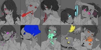 5boys 5girls :o :p aigis_(persona) amada_ken android antenna_hair aqua_eyes aqua_flower aragaki_shinjirou ball bandage_in_mouth bandaged_hand bandages bandaid bandaid_on_face baseball_cap blue_eyes blue_hat bug butterfly butterfly_on_hand buzz_cut collage commentary covering_own_mouth digital_media_player digital_walkman dog double-parted_bangs dress_shirt earrings english_commentary finger_frame flower from_behind grey_background greyscale hair_ornament hair_over_one_eye hairband hairclip hand_in_own_hair hand_up hands_up hat head_tilt highres holding holding_ball holding_digital_media_player holding_flower holding_own_hair holding_ribbon holding_unworn_clothes holding_unworn_hat insect iori_junpei jewelry kirijou_mitsuru koromaru_(persona) lipstick long_hair looking_at_object looking_at_viewer looking_to_the_side makeup mechanical_arms messy_hair monochrome mouth_hold multiple_boys multiple_girls one_eye_closed open_collar open_mouth orange_eyes parted_bangs parted_lips persona persona_3 persona_3_portable pink_eyes pink_lipstick_tube pink_nails portrait red_eyes ribbon ribbon_in_mouth robot_ears sakizome sanada_akihiko shiomi_kotone shirt short_hair single_earring smeared_lipstick spot_color takeba_yukari tongue tongue_out unworn_hat unworn_headwear very_short_hair walkman_nw-s203f yamagishi_fuuka yellow_butterfly yellow_eyes yuuki_makoto_(persona_3)
