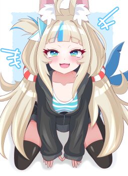 +++ 1girl :3 absurdres animal_ear_fluff animal_ears bikini black_jacket black_thighhighs blonde_hair blue_background blue_bikini blue_eyes blue_hair border breasts cat_ears collarbone commentary_request fang fins fish_girl fish_tail highres indie_virtual_youtuber jacket lifebuoy_hair_ornament long_hair long_sleeves looking_at_viewer low_twintails multicolored_hair open_mouth rei_(2812q) sameko_saba sitting skin_fang small_breasts solo streaked_hair striped_bikini striped_clothes swimsuit tail thighhighs twintails two-tone_hair very_long_hair wariza white_border