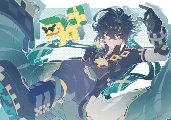 1boy ajaw_(genshin_impact) antenna_hair black_gloves black_hair black_shirt blonde_hair boots bracelet closed_mouth commentary_request crossed_bangs earrings genshin_impact gloves green_eyes green_gloves green_hair green_headband hair_between_eyes headband highres jewelry kinich_(genshin_impact) male_focus multicolored_eyes multicolored_gloves multicolored_hair pants shirt short_hair short_sleeves streaked_hair suii_ii00 two-tone_eyes yellow_eyes zipper