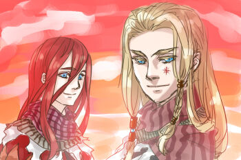 2boys blonde_hair blue_eyes closed_mouth cloud commentary_request facial_tattoo hair_between_eyes long_bangs long_hair looking_at_viewer male_focus minstrel_(ragnarok_online) multiple_boys orange_sky outdoors ragnarok_online red_hair red_scarf scarf sky smile striped_clothes striped_scarf sunset tattoo toriria upper_body