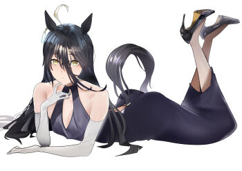 1girl absurdres ahoge alternate_costume arm_support ass bare_shoulders black_dress black_hair black_shoes blush breasts clothing_cutout collarbone commentary_request dress earrings elbow_gloves gloves hair_between_eyes high_heels highres jewelry jitome_no_tsugumi legs_up lying manhattan_cafe_(umamusume) multicolored_hair on_stomach shoes simple_background single_earring small_breasts solo streaked_hair tail tail_through_clothes the_pose umamusume variant_set white_background white_gloves white_hair yellow_eyes