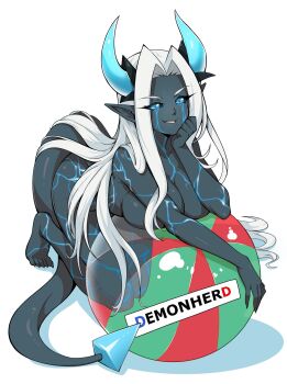 Rule 34 | 1girl, axl crow, baal (demonherd), ball, beachball, black sclera, blue eyes, blue skin, body markings, breasts, colored sclera, colored skin, commentary, completely nude, convenient arm, copyright name, curtained hair, demon girl, demon horns, demon tail, demonherd, english commentary, full body, head rest, highres, horns, kneeling, large breasts, long hair, looking at viewer, nude, parted lips, pointy ears, see-through ball, simple background, smile, solo, tail, very long hair, white background, white hair