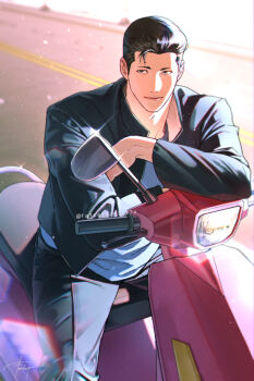 Rule 34 | 1boy, black eyes, black hair, black jacket, black pants, day, fatcat, feet out of frame, jacket, looking to the side, male focus, mito youhei, motorcycle, on motorcycle, open clothes, open jacket, outdoors, pants, pompadour, road, short hair, sitting, slam dunk (series), smile, solo, sparkle, sun glare