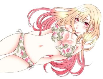 1girl arms_behind_back barbell_piercing bikini blonde_hair blush breasts cleavage closed_mouth collarbone commentary ear_piercing earrings english_commentary floral_print fukuda_shinichi gradient_hair industrial_piercing jewelry kitagawa_marin large_breasts long_hair looking_at_viewer multicolored_hair official_art piercing pink_hair plant_print red_eyes simple_background sono_bisque_doll_wa_koi_wo_suru swimsuit third-party_source white_background