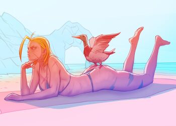 1girl ass beach beak bikini bird bird_on_ass blonde_hair blue_eyes cammy_white davecavedraws highres lying ocean on_stomach rock scar scar_on_face short_hair street_fighter street_fighter_6 swimsuit thong thong_bikini towel water wing