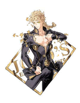 1boy bishounen black_jacket black_pants blonde_hair braid cleavage_cutout closed_mouth clothing_cutout commentary copyright_name cropped_legs earrings giorno_giovanna green_eyes hand_on_own_chest heart_cutout jacket jewelry jojo_no_kimyou_na_bouken ladybug_ornament long_hair male_focus pants solo starshadowmagician vento_aureo victory_rolls