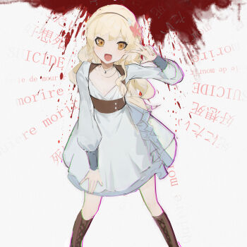 1girl absurdres blonde_hair blood blood_splatter blue_dress blue_pendant boots breasts brown_bodice brown_boots cleavage commentary_request cosplay dot_nose dress english_text fangs feet_out_of_frame flat_chest flower flower_hairband hair_between_eyes hairband hand_on_own_thigh hand_up highres lace-up_boots light_blush long_hair long_sleeves monogatari_(series) multiple_necklaces no_heterochromia open_mouth oshino_shinobu princess_acerola puffy_long_sleeves puffy_sleeves red_flower shishirui_san smile solo splatter_background v-neck very_long_hair w wazamonogatari white_background yellow_eyes