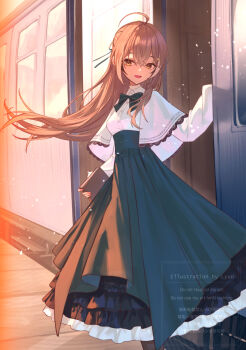 1girl :d ahoge black_skirt blue_skirt book breasts brown_eyes brown_hair capelet commentary_request english_text floating_hair frilled_skirt frills hair_between_eyes hand_up high-waist_skirt highres holding holding_book hololive hololive_english long_hair long_sleeves medium_breasts multicolored_hair nanashi_mumei open_mouth puffy_long_sleeves puffy_sleeves shirt skirt smile solo streaked_hair train very_long_hair virtual_youtuber watermark white_capelet white_hair white_shirt xyunx