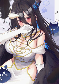 ... 1girl absurdres albedo_(overlord) albedo_(overlord)_(cosplay) asymmetrical_horns bed bed_sheet black_hair black_horns black_wings blue_gem breasts cleavage clothing_cutout commentary cosplay covered_mouth demon_girl demon_horns dress elbow_gloves english_commentary falling_feathers feathered_wings feathers forward-facing_horns gem gloves groin hair_between_eyes hand_up heart highres hip_vent hololive hololive_english horns jailbird_(nerissa_ravencroft) large_breasts light_particles long_dress long_hair long_hair_between_eyes looking_at_viewer low_wings mofu07519 mole mole_under_eye nerissa_ravencroft off-shoulder_dress off_shoulder on_bed overlord_(maruyama) red_eyes sitting solo spoken_ellipsis squiggle very_long_hair virtual_youtuber white_background white_dress white_gloves white_horns wings yellow_trim