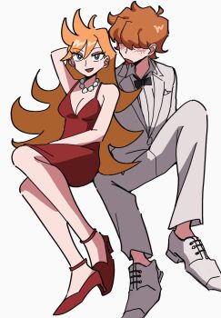 Rule 34 | 1boy, 1girl, arm up, black bow, black bowtie, bow, bowtie, breasts, brief (psg), cleavage, commentary, dress, formal clothes, hair over eyes, high heels, jacket, jewelry, long hair, looking at another, looking at viewer, necklace, pants, panty &amp; stocking with garterbelt, panty (psg), pearl necklace, red dress, red hair, red shoes, shoes, short hair, simple background, suit, white background, white jacket, white pants, white shoes, white suit, wpous121