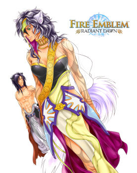1boy 1girl abs animal_ears breasts commentary copyright_name dutch_angle english_commentary fire_emblem fire_emblem:_radiant_dawn green_eyes highres jewelry large_breasts lips long_hair memoli nailah_(fire_emblem) navel nintendo pectorals simple_background tail toned toned_male topless_male volug_(fire_emblem) white_background wolf_boy wolf_ears wolf_girl