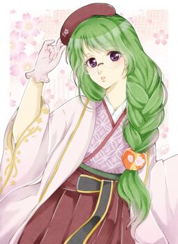 Rule 34 | 1girl, braid, commentary request, floral background, gloves, green hair, hair ornament, hakama, hakama skirt, hat, highres, japanese clothes, kimono, lips, long hair, looking at viewer, official alternate costume, parted lips, philia felice, philia felice (flower viewing), round eyewear, signature, skirt, solo, sphere hair ornament, tales of (series), tales of asteria, tales of destiny, twin braids, white gloves, yatarou (yataro0730)