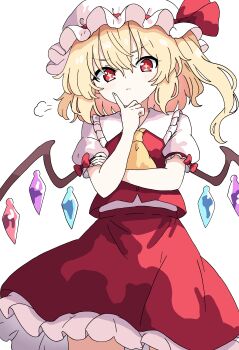 +_+ 1girl absurdres ascot blonde_hair bow closed_mouth collared_shirt commentary_request crystal crystal_wings flandre_scarlet frilled_shirt_collar frilled_skirt frills hat hat_ribbon highres looking_at_viewer mob_cap multicolored_wings one_side_up pioartstuff puff_of_air puffy_short_sleeves puffy_sleeves red_bow red_eyes red_skirt red_vest ribbon shirt short_sleeves skirt skirt_set sleeve_bow solo touhou transparent_background vest white_hat white_shirt wings yellow_ascot