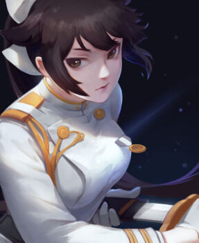 1girl azur_lane bei_ju_luoxuan_wan black_hair bow breasts brown_eyes gloves hair_bow jacket large_breasts military_uniform ponytail sheath solo sword takao_(azur_lane) unsheathing upper_body weapon white_bow white_gloves white_jacket