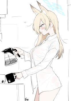 1girl animal_ear_fluff animal_ears blonde_hair blue_archive blue_eyes blush bow breasts coffee_mug coffee_pot cowboy_shot cup extra_ears fpanda hair_over_one_eye halo hickey highres holding holding_cup indoors kanna_(blue_archive) large_breasts long_hair long_sleeves morning_after mug naked_shirt no_pants open_clothes parted_lips shirt signature simple_background smile solo standing white_background white_shirt