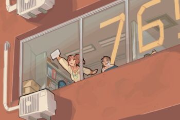3girls ahoge brown_hair building cleaning commentary_request from_outside highres hood hoodie hoshii_miki idolmaster idolmaster_(classic) looking_at_another minase_iori mugi_tamago multiple_girls stuffed_animal stuffed_rabbit stuffed_toy takatsuki_yayoi twintails window