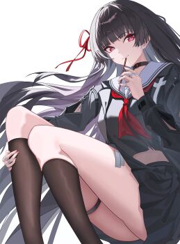 1girl absurdres arm_cutout black_choker black_hair black_jacket black_serafuku black_shirt black_skirt black_socks breasts chisa_(wuthering_waves) choker closed_mouth clothing_cutout commentary fingernails food hair_ribbon hand_up highres holding holding_food holding_pocky invisible_chair jacket knees_up long_hair long_sleeves looking_at_viewer medium_breasts nail_polish pink_nails pocky red_eyes red_ribbon ribbon rroc_(rrck11) sailor_collar school_uniform serafuku shirt simple_background sitting skirt smile socks solo tacet_mark_(wuthering_waves) thigh_strap thighs white_background white_sailor_collar wuthering_waves