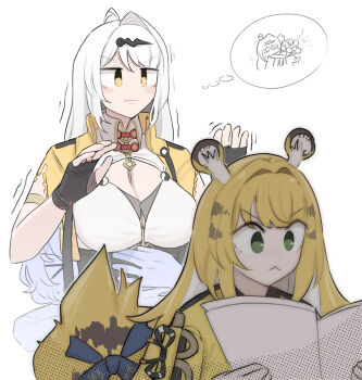 &gt;_&lt; 3girls :&lt; animal_ear_fluff animal_ears armlet behind_another belle_(zenless_zone_zero) black_gloves black_unitard blonde_hair blush bow breasts cleavage closed_mouth colored_inner_hair commentary english_commentary fingerless_gloves gloves green_eyes hair_ornament hairpin hands_on_another&#039;s_stomach highres holding holding_paper jacket jewelry ju_fufu large_breasts long_hair looking_at_another mata_(matasoup) multicolored_hair multiple_girls orange_fur paper simple_background single_hair_intake striped_fur striped_hair sweatdrop tail tail_bow tail_ornament tiger_ears tiger_girl tiger_stripes tiger_tail trembling upper_body v-shaped_eyebrows white_background white_hair yellow_eyes yellow_jacket yin_yang_pin yixuan_(zenless_zone_zero) zenless_zone_zero