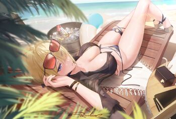 1girl absurdres alternate_costume beach beach_chair bikini black_bikini black_shirt blonde_hair blue_eyes blush bottle breasts cleavage commentary evelyn_chevalier eyewear_on_head groin hand_up highres large_breasts looking_to_the_side lying o-ring o-ring_thigh_strap ocean on_back orange-tinted_eyewear outdoors parted_lips raidriar_18 shirt signature solo sunglasses swimsuit thigh_strap thighs tied_shirt tinted_eyewear untied_bikini_bottom zenless_zone_zero