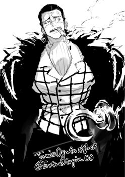 1boy artist_name ascot cigar coat cowboy_shot crocodile_(one_piece) fur_coat greyscale hair_slicked_back highres hook_hand lapels male_focus monochrome notched_lapels ogata_tomio one_piece open_mouth pants patterned_clothing scar scar_on_face shirt smoke smoking solo standing teeth twitter_username white_background