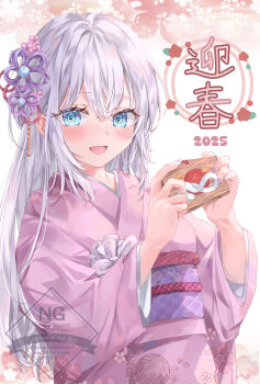 1girl 2025 :d absurdres blue_eyes blush cherry_blossom_print chinese_zodiac commentary_request cowboy_shot crossed_bangs dated eyelashes eyes_visible_through_hair floral_background floral_print floral_print_kimono flower grey_hair hair_between_eyes hair_flower hair_ornament hands_up happy happy_new_year highres holding japanese_clothes kanzashi kimono long_hair long_sleeves looking_at_viewer nail_polish nengajou new_year open_mouth original pink_flower pink_kimono print_kimono purple_nails purple_sash sash simple_background smile snake_print solo tsumugi-t very_long_hair watermark white_background wide_sleeves year_of_the_snake