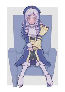 Rule 34 | 1girl, armchair, black leotard, black thighhighs, blue coat, blue hat, blush, boots, chair, coat, colored eyelashes, commentary request, dlanor a. knox, full body, gauntlets, hands on own knees, hat, highres, leotard, long hair, looking at viewer, puffy sleeves, purple hair, single gauntlet, sitting, sleeve cuffs, solo, thighhighs, tomorrow2311, umineko no naku koro ni, white boots, yellow eyes
