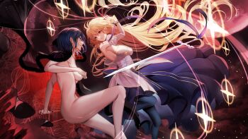 2girls absurdres ahoge angry archetype_earth arcueid_brunestud artist_request ass blonde_hair blue_hair breasts cape ciel_(tsukihime) cleavage commission corruption dark_persona detached_sleeves dress fighting fingernails floating floating_hair floating_object full_moon highres large_breasts long_hair long_sword looking_at_another michael_roa_valdamjong moon multiple_girls naked_cape nude possessed possession red_eyes red_moon roa-ciel sharp_fingernails short_hair sideboob smile source_request sword tsukihime tsukihime_(remake) vampire very_long_cape weapon white_dress