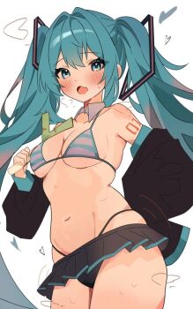 1girl aqua_eyes aqua_hair black_sleeves black_thighhighs blush bra breasts coco_irasuto detached_collar detached_sleeves hatsune_miku holding miniskirt open_mouth skirt spring_onion striped_bra striped_clothes thighhighs twintails underwear vocaloid