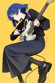 1girl asymmetrical_hair asymmetrical_sidelocks bass_guitar black_shirt black_shoes black_skirt blue_hair bocchi_the_rock! cable closed_mouth commentary english_commentary fender_precision_bass from_side guitar_strap highres instrument kessoku_band_logo kessoku_band_t-shirt kiya_hajime loafers long_skirt long_sleeves looking_at_viewer mole mole_under_eye shirt shoes short_hair sidelocks simple_background skirt solo sweat twitter_username yamada_ryo yellow_background yellow_eyes