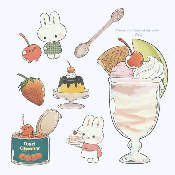 :q animal animal_focus apron artist_name ayu_(mog) cake cake_slice can canned_food cherry closed_mouth commentary commentary_request cream cup dress drinking_glass english_commentary food fruit highres holding holding_plate ice_cream ice_cream_cone long_sleeves melon melon_slice mixed-language_commentary no_humans original plate polka_dot polka_dot_dress pudding rabbit red_dress romaji_commentary simple_background smile solid_circle_eyes strawberry tongue tongue_out watermark white_apron white_background