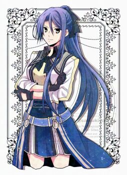 1girl black_gloves black_neckerchief blue_hair breasts closed_mouth clothing_cutout commentary_request crossed_arms eiyuu_densetsu english_text floating_hair glove_cutout gloves highres laura_s._arseid long_hair long_single_sidelock long_sleeves looking_at_viewer medium_breasts neckerchief ponytail satsuki_(chaosmode) sen_no_kiseki sen_no_kiseki_(series) sen_no_kiseki_ii single_sidelock skirt smile solo upper_body watermark yellow_eyes