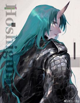 1girl absurdres arknights black_jacket character_name closed_mouth from_side green_hair grey_background guaili_bajin highres horns hoshiguma_(arknights) jacket leather leather_jacket long_hair long_sleeves looking_at_viewer looking_back single_horn solo upper_body very_long_hair white_background