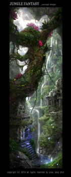 abandoned ain_choiwet black_background building concept_art english_text flower jungle moss nature no_humans original plant rainforest red_flower scenery vines water waterfall