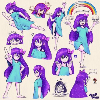 >_o +_+ 1boy 1girl :> alternate_eye_color arms_up arrow_(symbol) artist_name aubrey_(headspace)_(omori) aubrey_(omori) barefoot black_eyes blue_shirt blush bow bra_strap chibi closed_eyes closed_mouth collarbone colored_skin commentary double-parted_bangs eating english_commentary english_text food fruit grawlix hair_bow hand_on_own_hip heart highres holding holding_food indian_style long_hair long_shirt mario mario_(series) marodraws nintendo omori one_eye_closed open_mouth pink_bow purple_hair rainbow reference_inset shirt short_sleeves sitting smile sparkle speech_bubble spongebob_squarepants_(series) standing standing_on_one_leg super_mario_world sweat t-shirt teeth upper_teeth_only v watermelon watermelon_slice white_skin