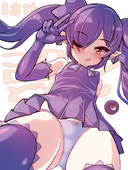 1girl :q arm_behind_back backbeako_(torotei) backbeard birthday black_dress black_gloves black_hair black_thighhighs blush bow bow_panties breasts closed_mouth commentary_request dress elbow_gloves eyes_visible_through_hair female_focus from_below gegege_no_kitarou gloves hair_over_one_eye hair_ribbon hand_up highres kono_lolicon_domome loli long_hair looking_at_viewer one_eye_closed original paid_reward_available panties pointy_ears red_eyes revision ribbon simple_background skindentation sleeveless sleeveless_dress small_breasts solo thighhighs tongue tongue_out torotei twintails underwear v variant_set white_panties