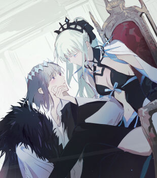 1boy 1girl black_bow black_dress black_tiara blue_eyes blush bow braid commentary_request dress fate/grand_order fate_(series) fur_trim grey_hair hair_bow half_up_braid highres hina26_xd long_hair morgan_le_fay_(fate) morgan_le_fay_(third_ascension)_(fate) oberon_(fate) oberon_(third_ascension)_(fate) ponytail short_hair sitting sitting_on_throne spikes tiara very_long_hair white_hair