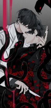 Rule 34 | 2boys, ambiguous red liquid, biting, black coat, black hair, black shirt, closed eyes, coat, commentary request, flower, fork, hayu beck, highres, holding, holding fork, holding knife, imminent cannibalism, kim dokja, knife, korean commentary, male focus, multiple boys, nose bite, omniscient reader's viewpoint, parted lips, red eyes, red flower, red rose, rose, shirt, short hair, snake, too many snakes, white coat, yaoi, yoo joonghyuk