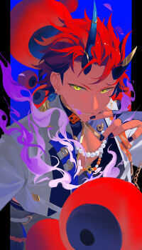 Rule 34 | 1boy, absurdres, asymmetrical horns, beads, black gloves, black nails, clenched teeth, demon horns, dreonya, earrings, ensemble stars!, fingerless gloves, fingernails, gloves, green eyes, highres, horns, jewelry, kiryu kuro, looking at viewer, male focus, nail polish, official alternate costume, oniyasha (ensemble stars!), red hair, short hair, solo, teeth, upper body