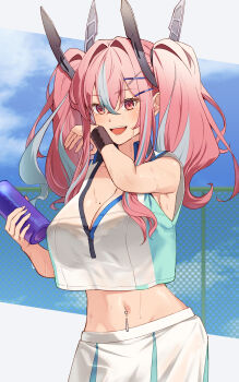 1girl absurdres azur_lane bare_shoulders blush bottle breasts bremerton_(azur_lane) bremerton_(scorching-hot_training)_(azur_lane) chain-link_fence cloud cloudy_sky crop_top day fence hair_between_eyes hair_ornament highres kento_(kentdrawing) large_breasts long_hair looking_at_viewer mole mole_on_breast multicolored_hair navel official_alternate_costume pink_eyes pink_hair shirt sky sleeveless sleeveless_shirt sportswear streaked_hair sweat tennis_court tennis_uniform twintails two-tone_shirt two-tone_skirt water_bottle white_background x_hair_ornament