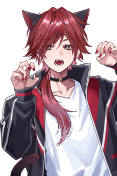 Rule 34 | 1boy, absurdres, animal ears, black choker, cat ears, cat tail, choker, green eyes, hair between eyes, hair intakes, hands up, highres, jacket, kemonomimi mode, lauren iroas, long hair, long sleeves, nijisanji, open clothes, open jacket, open mouth, pclarbear, ponytail, red hair, red nails, shirt, side ponytail, simple background, sleeves past wrists, solo, tail, teeth, tongue, upper body, virtual youtuber, white background, white shirt