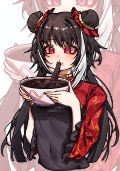 1girl black_dress black_hair bowl breasts china_dress chinese_clothes covered_navel cropped_torso double_bun dress eating food food_in_mouth food_on_face hair_bun highres holding holding_bowl jia_xichun_(project_moon) limbus_company long_hair meandros multicolored_hair noodles pink_eyes project_moon red_shrug red_sleeves shrug_(clothing) solo streaked_hair suillus twintails upper_body white_background white_hair white_streaks wide_sleeves zoom_layer
