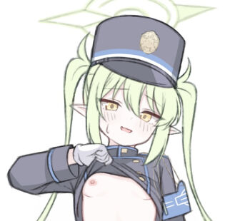 1girl armband black_hat black_jacket blue_archive blue_armband blush breasts buttons clothes_lift commentary english_commentary fang gloves green_hair green_halo hair_between_eyes halo hat head_tilt high_collar jacket jacket_lift lifting_own_clothes loli long_hair long_sleeves looking_at_viewer nervous_smile nipples no_bra nozomi_(blue_archive) one_breast_out open_mouth peaked_cap pointy_ears sidelocks simple_background skin_fang small_breasts smile solo suiran_(suiran0111) sweatdrop twintails upper_body white_background white_gloves yellow_eyes