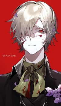 1boy andrew_kreiss black_coat black_gloves blood blood_on_clothes blood_on_face boutonniere brown_shirt chinese_commentary coat crying crying_with_eyes_open facing_viewer falling_petals flower gloves green_ribbon grey_hair hair_over_one_eye highres identity_v iris_(flower) long_sleeves male_focus neck_ribbon petal_on_body petal_on_head petals pianjian portrait purple_flower raised_inner_eyebrows red_background red_eyes ribbon scar scar_on_face shirt short_hair simple_background solo tears