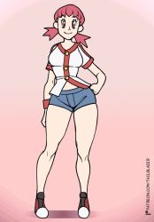 1girl animated ass_expansion blue_shorts blush breast_expansion breasts bursting_breasts button_gap buttons cleavage curvy gigantic_breasts grabbing_own_breast gradient_background gym_leader hair_ornament hairpin huge_breasts matching_hair/eyes medium_breasts nintendo pink_eyes pink_hair pokemon pokemon_hgss shorts solo tail-blazer thick_thighs thighs twintails video whitney_(pokemon) wide_hips wristband