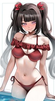 1girl absurdres alternate_breast_size bikini black_hair blush breasts cleavage commentary helldeer highres honkai:_star_rail honkai_(series) large_breasts long_hair navel pool purple_eyes red_bikini simple_background smile solo sparkle_(honkai:_star_rail) stomach swimsuit thighs twintails very_long_hair white_background