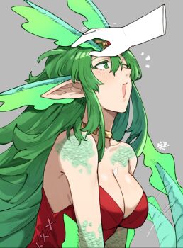 1girl 1other bare_shoulders breasts cleavage disembodied_hand dragon_girl dragon_tail dress fire_emblem fire_emblem_awakening green_eyes green_hair happy headpat highres large_breasts long_hair nintendo one_eye_closed open_mouth partial_transformation pointy_ears red_dress sakuremi scales smile tail tail_wagging tiki_(adult)_(fire_emblem) tiki_(fire_emblem) very_long_hair